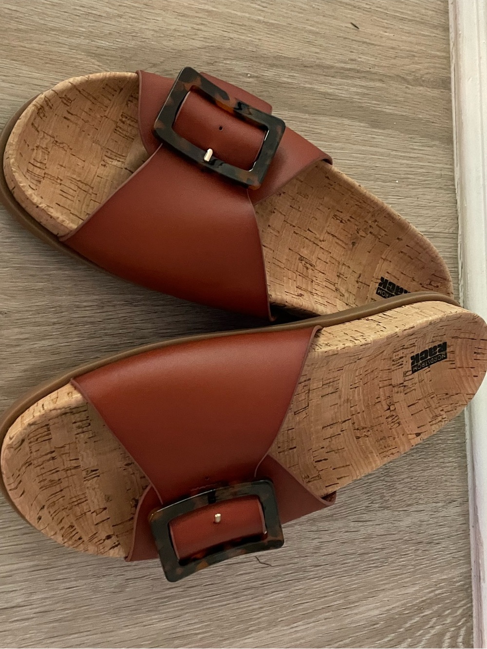 Nordstrom Rack Brown Cork Footbed Slide Sandals with Tortoiseshell Buckles